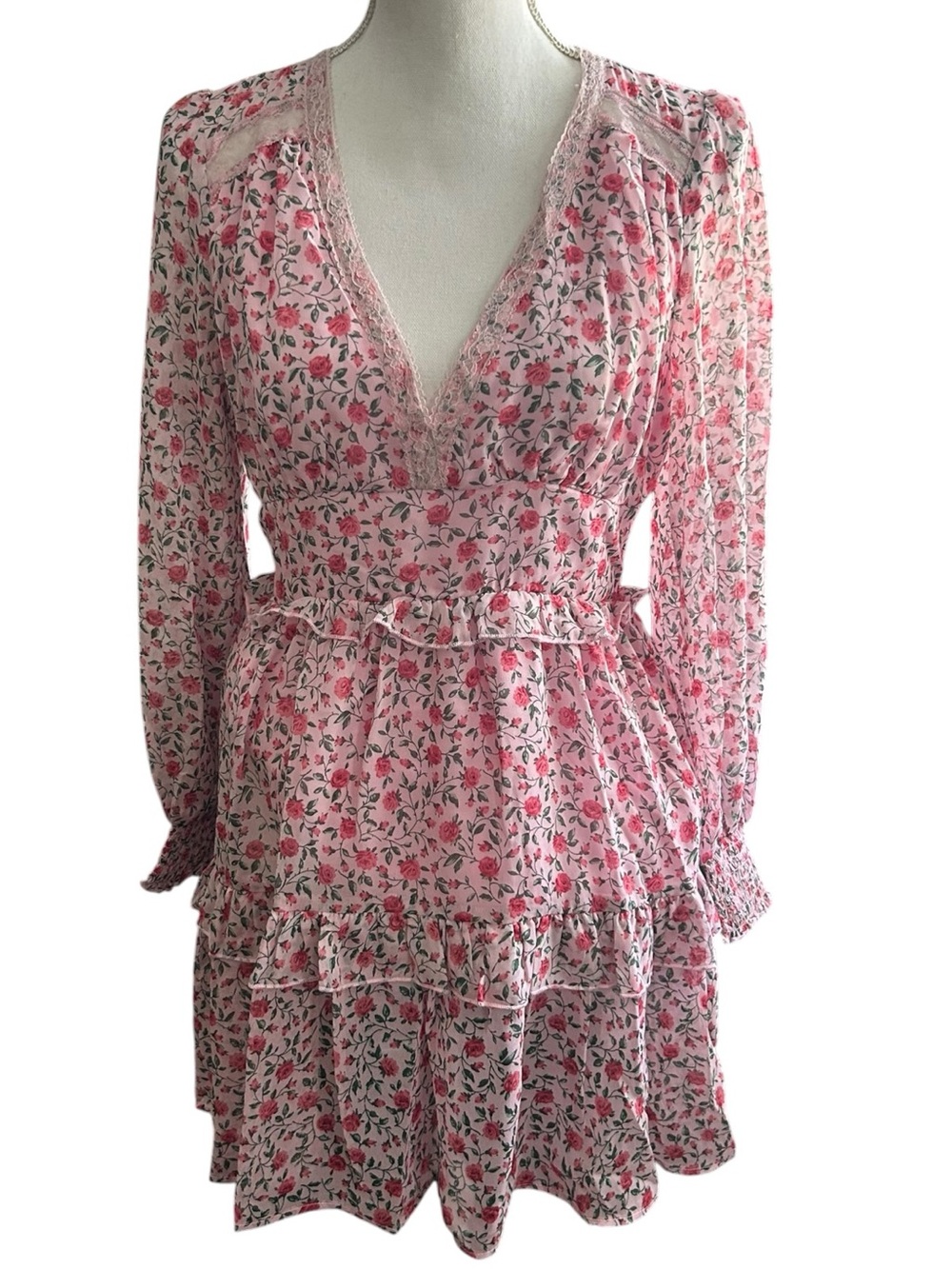 Pink Floral Long-Sleeve V-Neck Ruffled Mini Dress